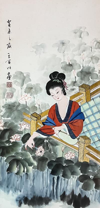 夏荷仕女圖 